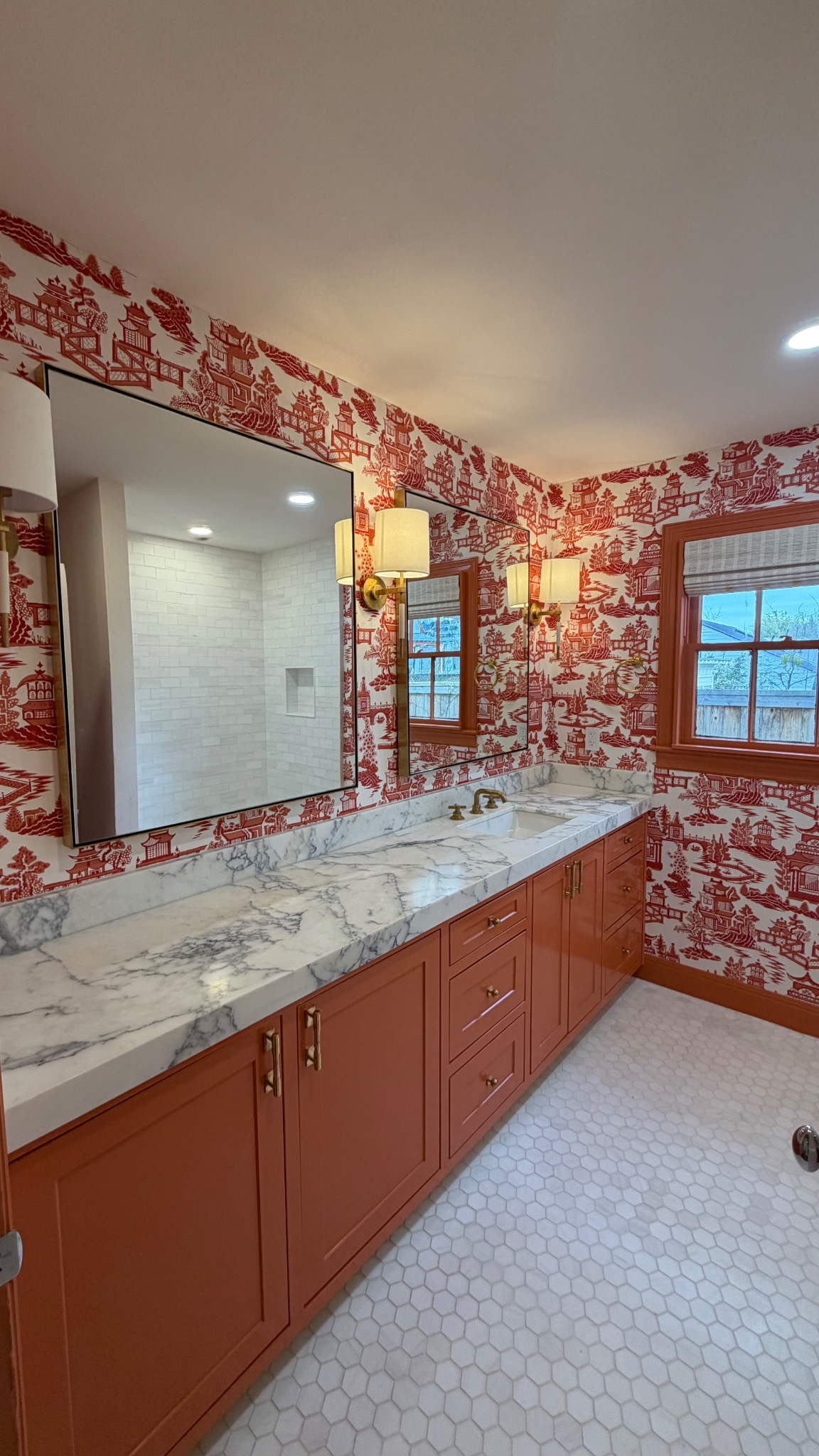 Custom red vanity bathroom